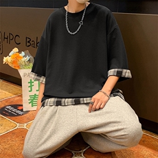 日系假两件短袖t恤2024夏季港风潮牌拼接格纹宽松七分袖上衣发，男装T恤，星座1013