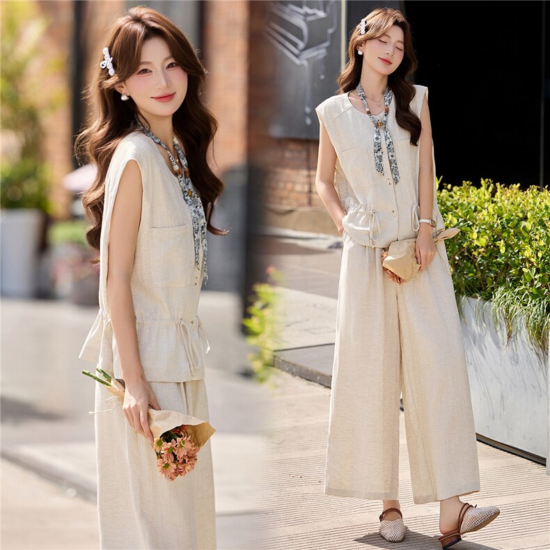 轻熟风气质套装女2026夏季薄款麻料抽绳马甲上衣阔腿裤两件套女，女装套装/套裙，奕薇雅