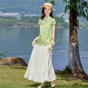 2026夏装新款新中式盘扣提花人丝上衣女加米白色显瘦气质两件套裙图片