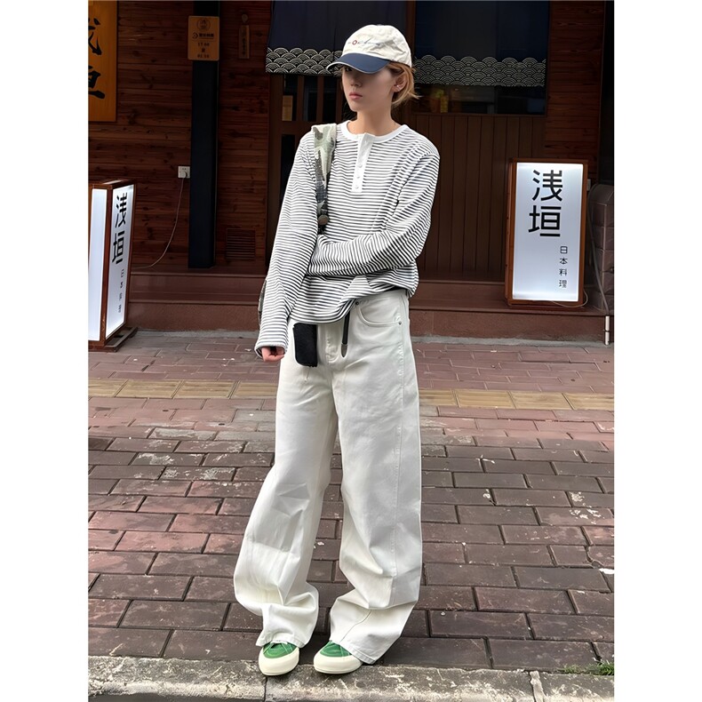 黑白撞色条纹亨利领长袖T恤男款秋季美式复古休闲正肩内搭打底衫,男装卫衣,电商B323A