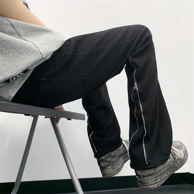 港风男牛仔长裤裤脚工装拉链微喇叭直筒宽松长裤NK6076 P40图片