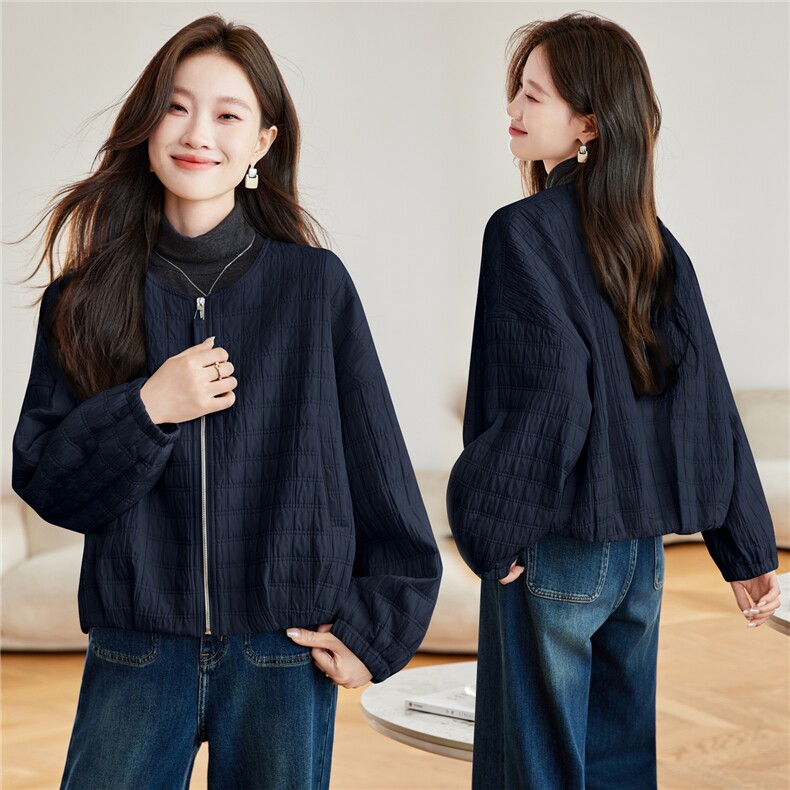 2026年春季宽松圆领方格夹棉短外套上衣,女装棉衣/棉服,简韵佳