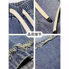 抽绳牛仔短裤男宽松拼接日系复古中裤男款夏季大码潮流拼接五分裤，男装牛仔裤，星座506A