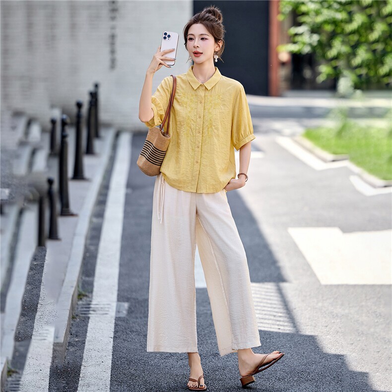 2026年夏季时尚重工刺绣印花上衣阔腿裤两件套女夏季显瘦遮肚套装，女装套装/套裙，凤玖服饰