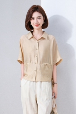 2024夏装新款时尚潮流简约气质休闲宽松小翻领衬衫衬衣，女装衬衫，深水步