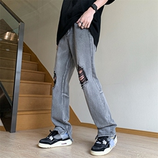 美式高街拉链ins直筒破洞牛仔裤货号K753P60，男装牛仔裤，电商A063