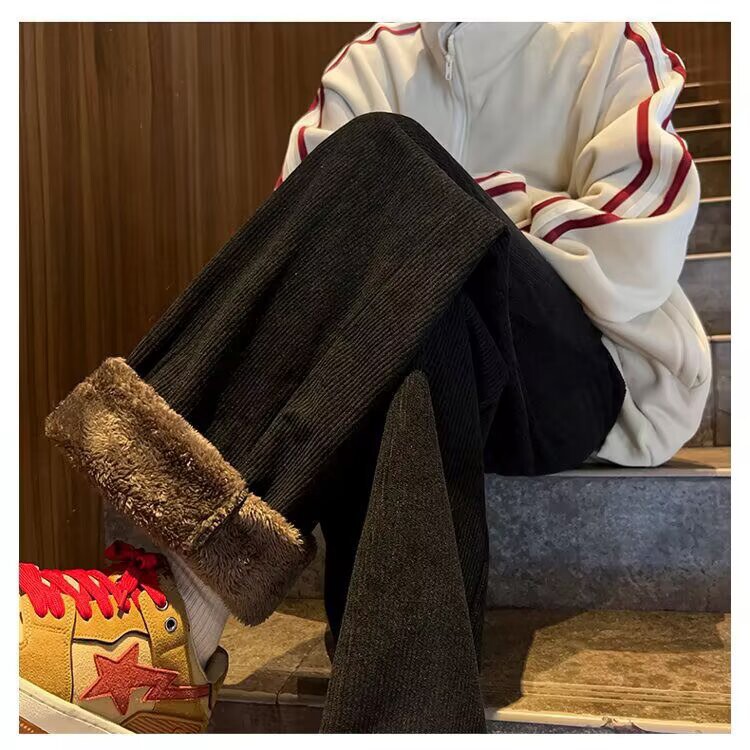 冬季港风灯芯绒加绒宽松保暖长裤新款潮流休闲裤高级感垂感裤子男图片
