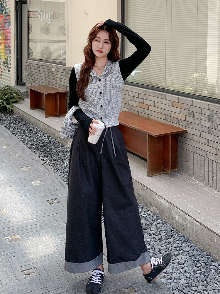 新款高级感杂色针织马甲阔腿裤套装6838-P175-K268,女装套装/套裙,2D034
