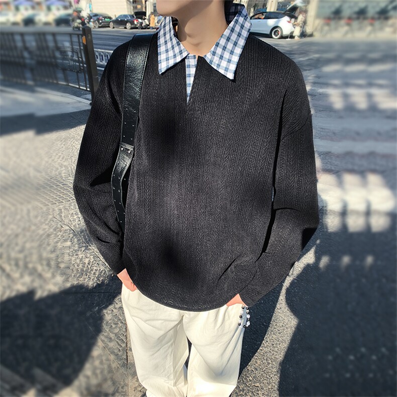 美式假两件格子翻领卫衣潮流宽松polo衫A161-MT-2602-P42，男装卫衣，电商A161