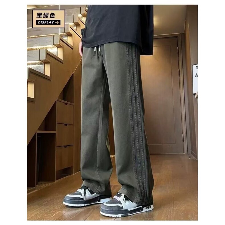休闲裤男春秋新款宽松直筒运动卫裤莱赛尔条纹拼接长裤MK798P38，男装休闲裤，星座1013-5