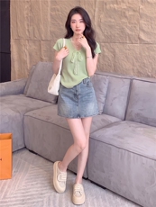女夏新款时尚套装裙气质显瘦蕾丝拼接蝴蝶结针织衫牛仔短裙两件套，女装套装/套裙，江南