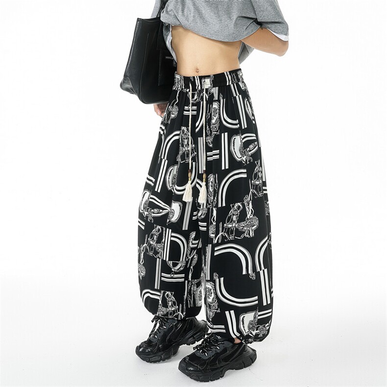 老钱风垂感冰丝印花休闲裤薄老花字母宽松阔腿裤长裤504-K256-P50图片