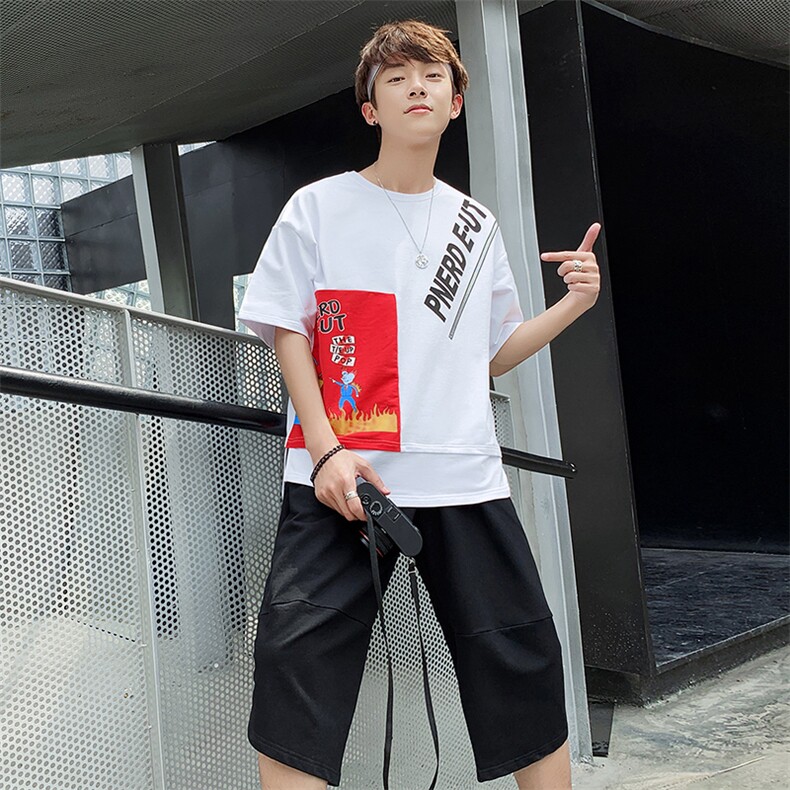 夏季男士潮流休闲短袖T恤套装搭配帅气五分裤一套衣服DS393T,男装T恤,电商A102