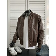 抖音得物高品质美式高街复古老钱风PU皮夹克外套男女短款机车皮衣，男装夹克，电商A486