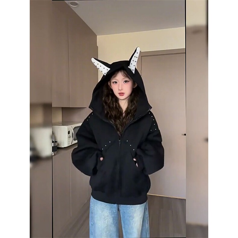 抖音得物高品质26春装美式高街铆钉杜宾犬耳朵开衫卫衣外套W125,女装短外套,电商A486
