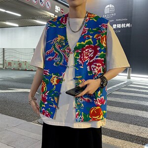 秋新东北大花布马甲修身背心马甲坎肩盘扣演出服男女大码外衣MJ02图片