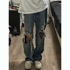 网图有货美式夏季街头膝盖破洞牛仔裤男宽松直筒乞丐裤A486-P40，男装牛仔裤，星座1505