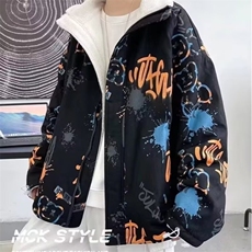 涂鸦棉服男女春季街头潮牌时尚压褶潮流双面穿棉衣外套201/P60，男装棉衣，星座506