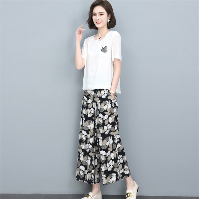亚麻女高端棉麻套装2025夏季薄款T恤中老年妈妈苎麻阔腿裤两件套,女装套装/套裙,璐依舞