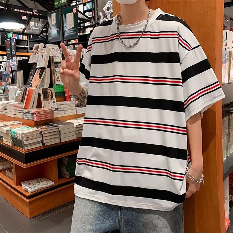 百搭条纹时尚潮牌T恤夏季新款短袖ins潮流潮青春流行简约圆领,男装T恤,星座716-2