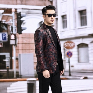 春秋款男士绵羊皮西服真皮休闲外套中年男装百搭通勤夹克红彩条图片