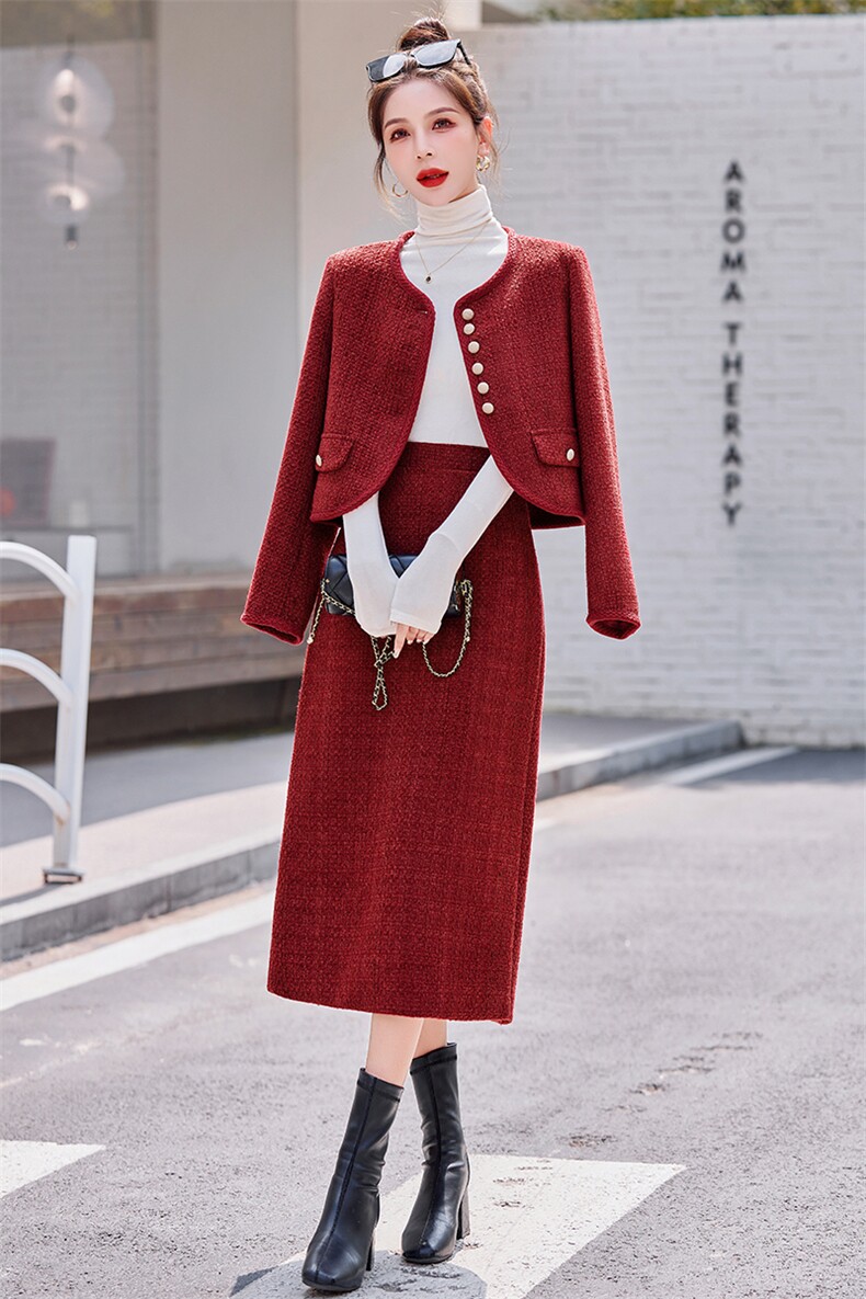 红色小香风套装裙女春秋2024新款修身显瘦洋气短外套半身裙两件套,女装套装/套裙,众宇琦