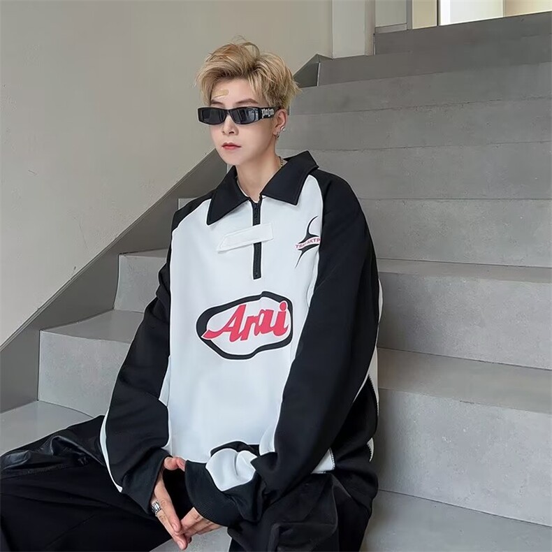 美式复古潮牌卫衣男女春秋季拼接赛车服POLO衫长袖T恤YA25-P40,男装卫衣,星座1008