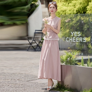 夏季天丝棉麻牛仔连衣裙套装女新款小香风蕾丝马甲半身长裙两件套图片