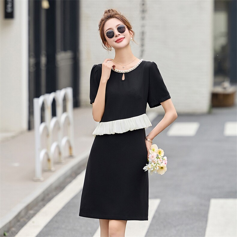 钉珠拼接黑色连衣裙女夏季新款时尚裙子2025年欧洲站大码女装,女装连衣裙,心心服饰