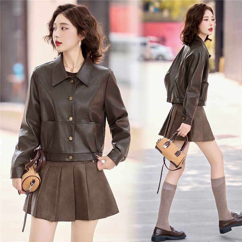 2025年秋季新款现货修身显瘦衬衫领皮衣外套，女装皮衣，臻衣坊