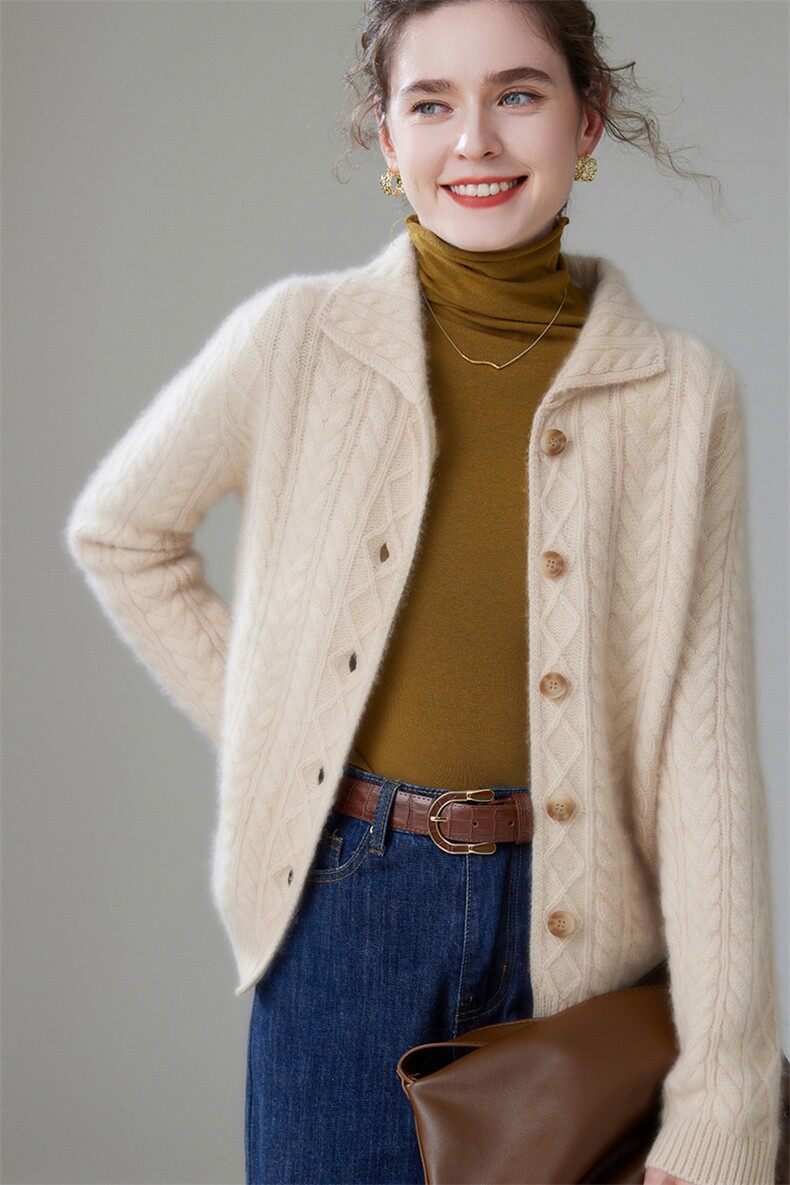 baby小山羊绒开衫女POLO领菱形扭花加厚外套毛衣宽松羊毛外搭上衣,女装羊绒衫,萨奥羊绒