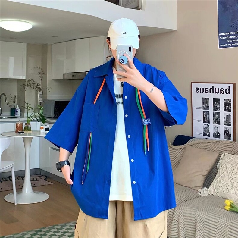潮流短袖休闲衬衫男士2024夏季外套衬衣痞帅气宽松寸衫W2810-P32,男装衬衫,星座412-2