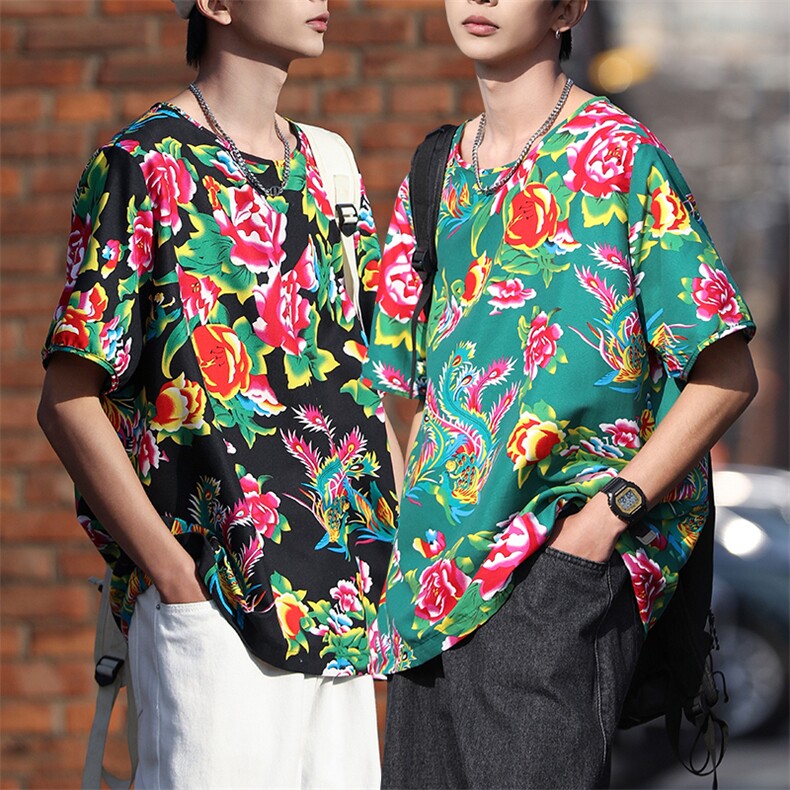 HT203东北大花圆领短袖T恤可套装风民族特色汉服团队服大码男，男装T恤，星座115A(原星座507）