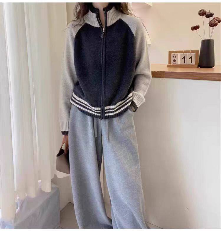 2025年秋季新款百搭潮流棒球服拼色，女装针织衫/毛衣，恒恩羊绒