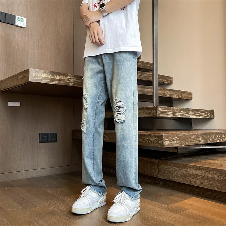 美式复古牛仔裤男破洞设计感裤子美式高街直筒微喇裤N7269-P45,男装牛仔裤,星座308B-2