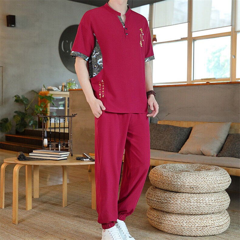 风男装夏季冰丝弹力短袖开衫套装男汉服套装，男装休闲套装，星座1206（原A206）