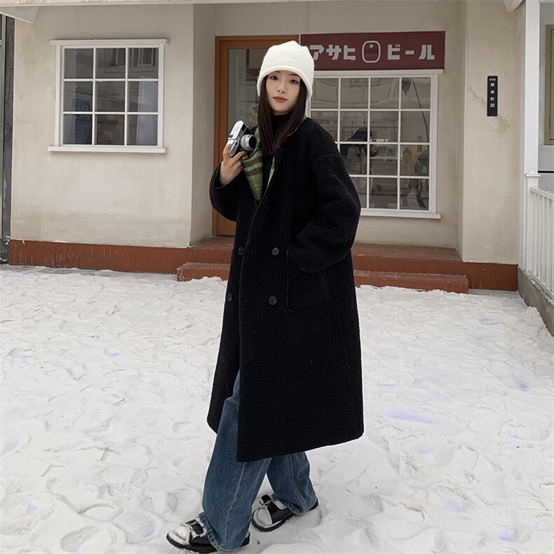 新品现货格子正反面两穿羊羔毛宽松外套,女装毛呢外套,菡迪欧娜