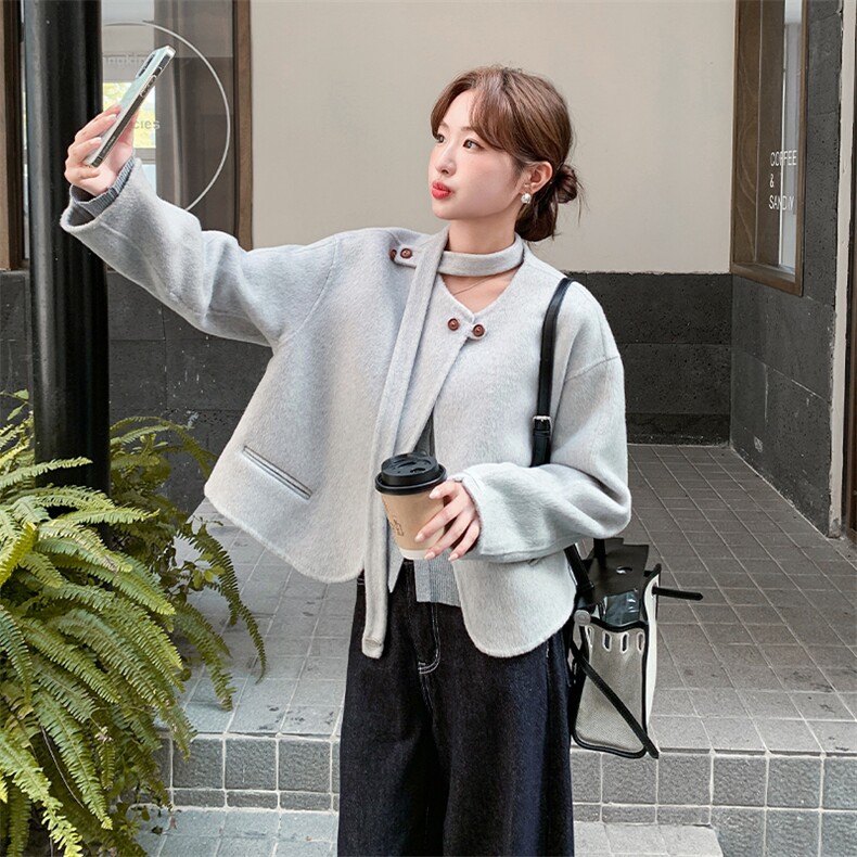 韩系灰色短款双面呢羊绒外套女冬季2025新款小个子淡人气质呢大衣,女装羊绒大衣,2D034
