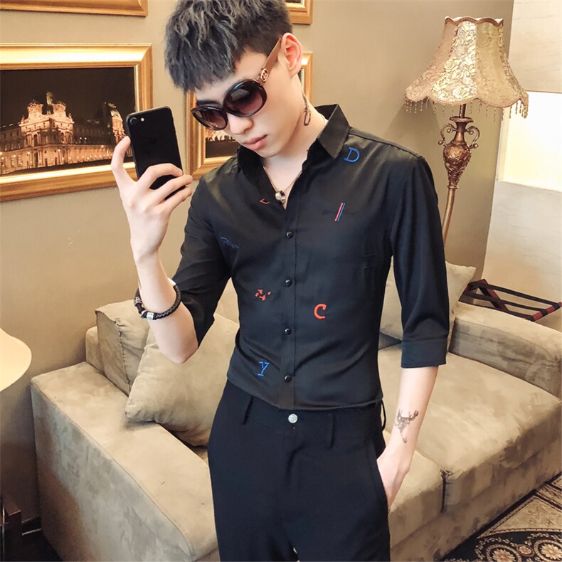 19春夏新款男绣花时尚七分袖潮个性夜店发型师衬衣社会风D456,男装衬衫,星座419（原A233）