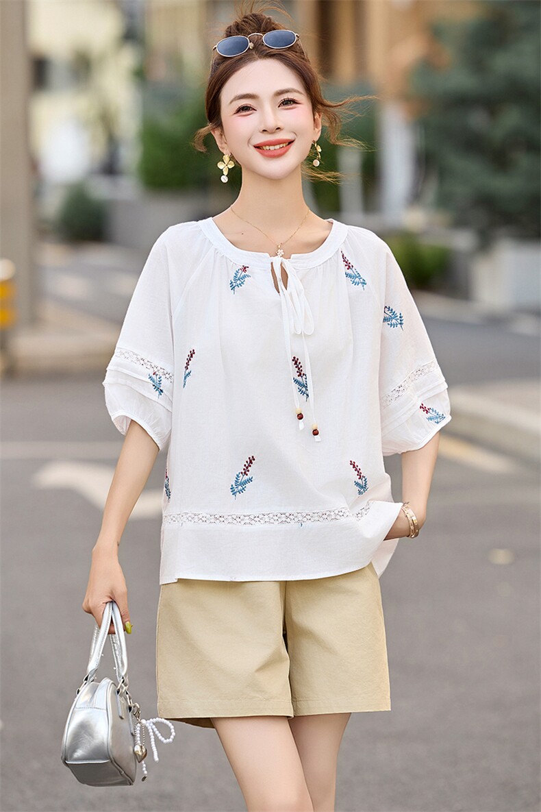 2025夏季新款法式绑带设计宽松休闲减龄刺绣上衣,女装衬衫,深水步