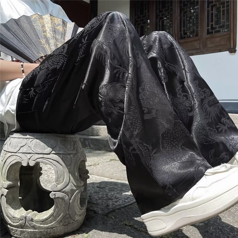 风夏男裤冰丝龙刺绣丝滑唐装直筒长裤h9540P40,男装民族服装,星座1013-1
