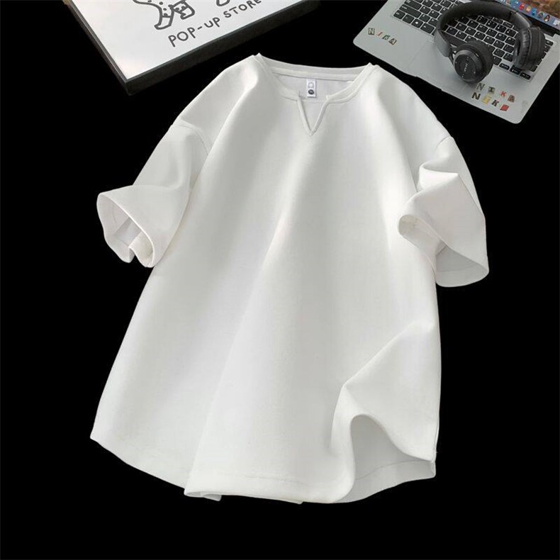 2025夏季美式V领假两件重磅300克短袖宽松版t恤DX2507-P38-控68,男装T恤,电商B208