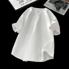 2025夏季美式V领假两件重磅300克短袖宽松版t恤DX2507-P38-控68，男装T恤，电商B208