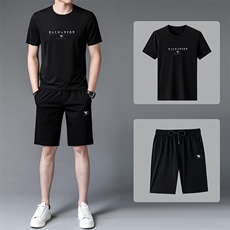夏季休闲冰丝短袖套装男士POLO衫中老年圆领薄款t恤长裤三件套，男装休闲套装，电商B212（原钱塘6029）