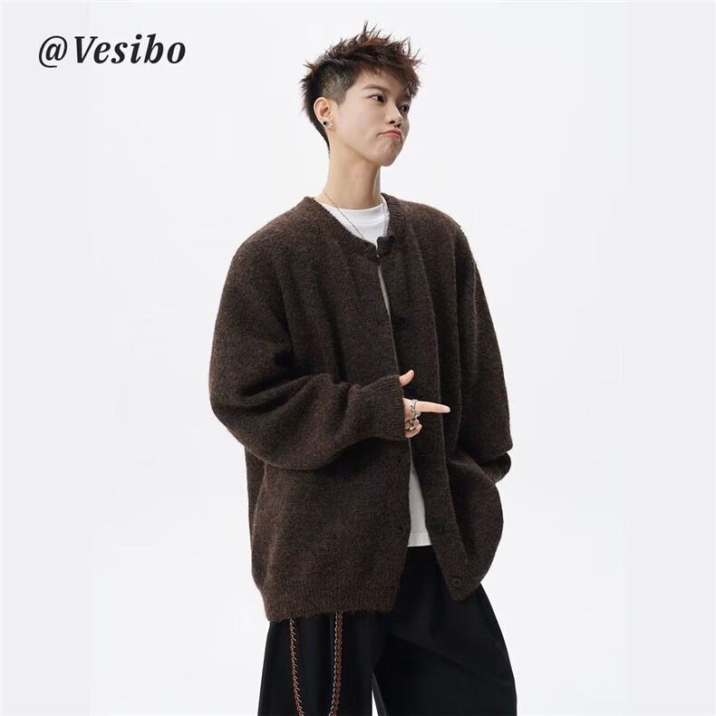 V38美式复古学院风纯色开衫毛衣宽松松弛感针织衫潮,男装针织衫/毛衣,星座308A-1（原309B-1）