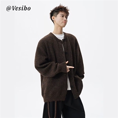 V38美式复古学院风纯色开衫毛衣宽松松弛感针织衫潮，男装针织衫/毛衣，星座308A-1（原309B-1）