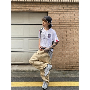 美式复古运动t恤男女夏季新款撞色拼接球衣风v领短袖设计感宽松潮