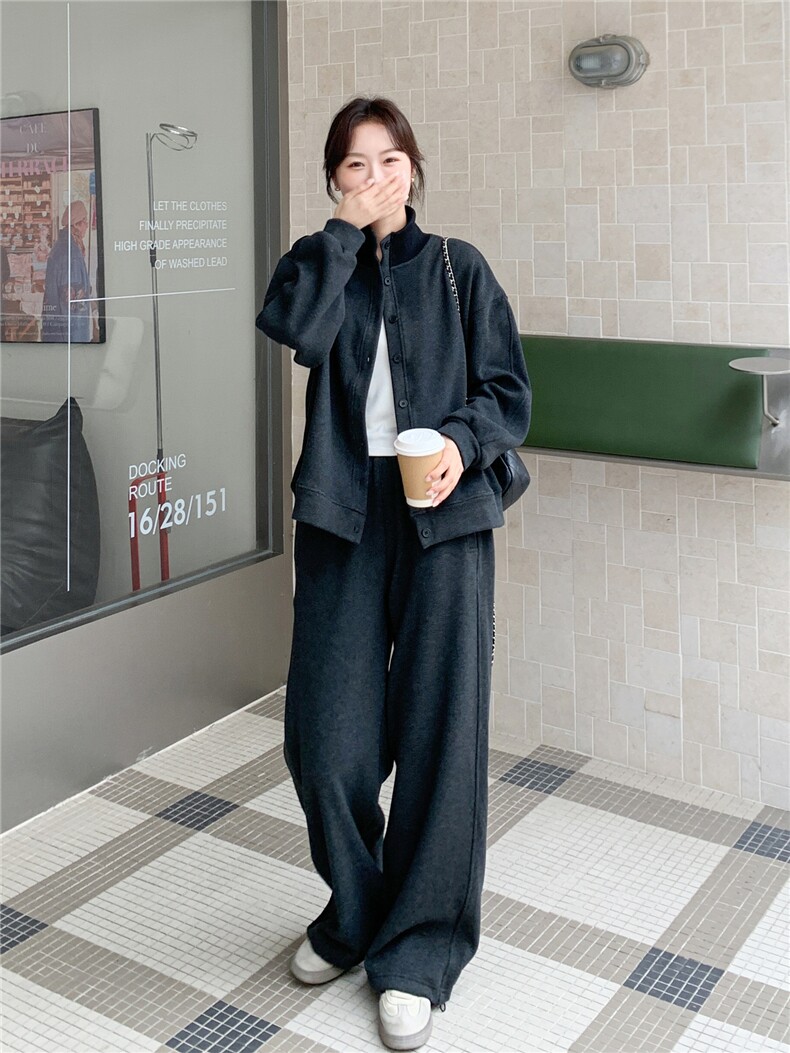灰色松弛感加绒加厚立领卫衣两件套女2025冬季新款学院风显瘦卫裤,女装套装/套裙,艾米莉亚