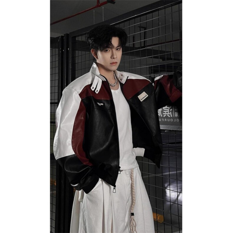 JK8574-P68美式pu皮衣飞行员夹克男款情侣拼接撞色痞帅高级感,男装皮衣,电商B323A
