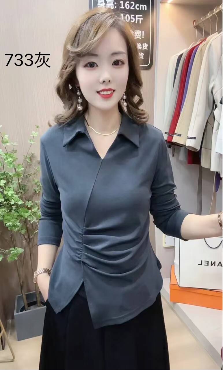 不规则衬衣领打底衫修身型长袖,女装T恤,思沃羊绒